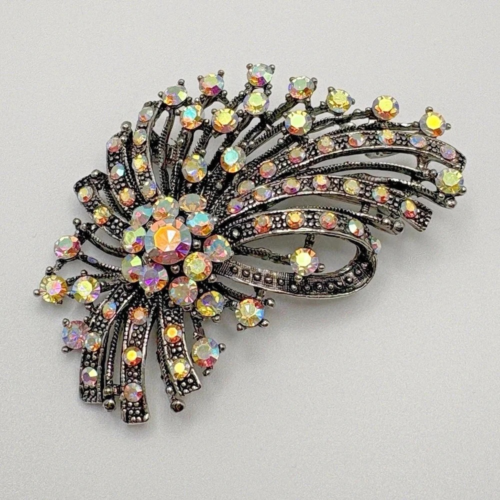 Vintage AB Brooch Silver Tone Oxidized Bow Ribbon Large Retro Pin Pendant